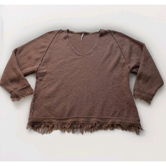 Free People Sweater Women XS Brown LS Irresistible Fringe Trim Slouchy Wool Mix - Picture 10 of 16